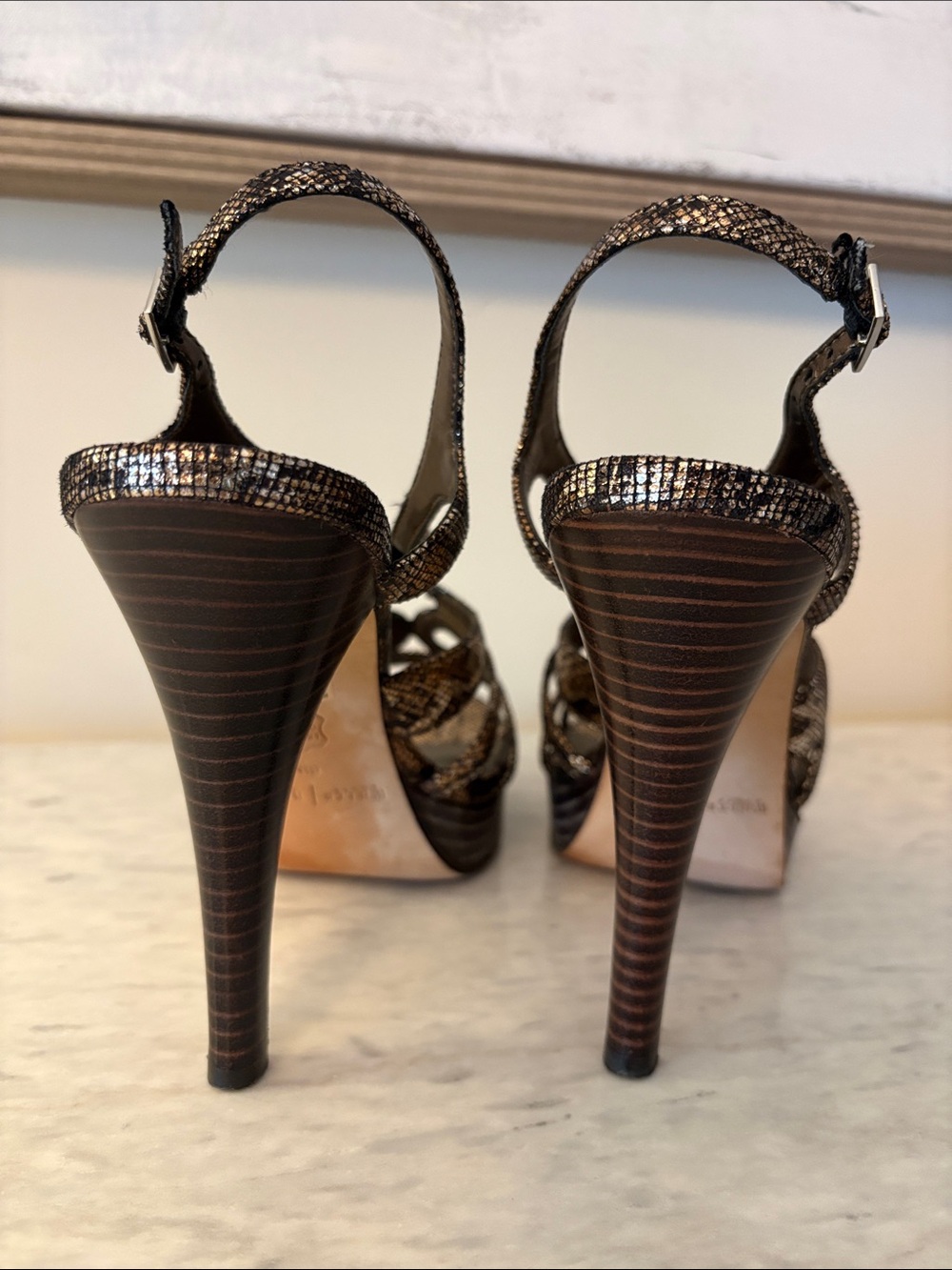 White House Black Market Brown Snake-Print Strappy High Heel Sandals - Picture 7 of 16